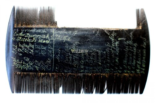 Bykownia - Stalinist Crimes’ Victims’ Cemetery. Comb found in the grave no. 146/06 with four names of people from the Ukrainian Katyń list scratched on it. Photo: D. Siemińska