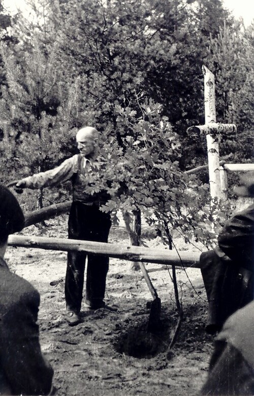 Gajowy Franciszek Kuźnik, naoczny świadek egzekucji. W tle jedna z ekshumowanych mogił po zakończeniu prac. Ze zbiorów Karola Gierlotki