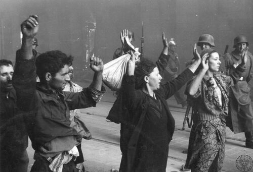 Żydzi schwytani przez Niemców w czasie powstania w getcie warszawskim. Fotografia pochodzi z raportu Stroopa. Fot. AIPN