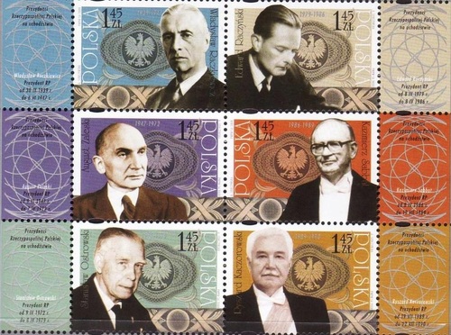 Znaczki Poczty Polskiej (2008) przedstawiające prezydentów Rzeczypospolitej Polskiej na uchodźstwie, którzy sprawowali swój urząd w oparciu o konstytucję z 1935 r.