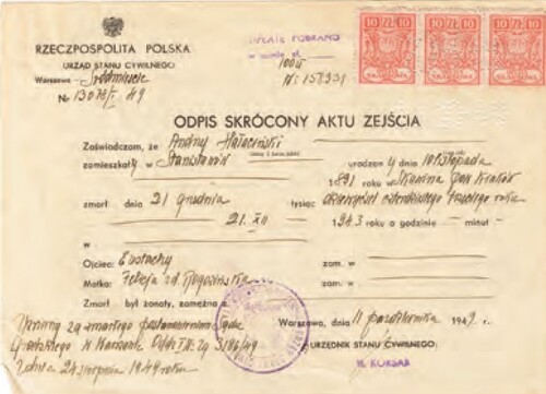 Akt zejścia Andrzeja Hałacińskiego. Wpisano datę zgonu 21 grudnia 1943 r.; nie wspomniano o Katyniu. Fot. z "Biuletynu IPN" nr 3/2017