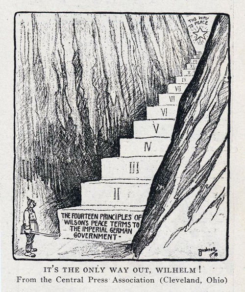 Karykatura przedstawiająca warunki postawione przez prezydenta USA w słynnych 14 punktach, jako jedyną drogę wyjścia Niemiec z konfliktu, jakim była I wojna światowa