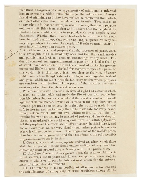 Jedna ze stron oryginalnego tekstu orędzia Woodrowa Wilsona zawierającego słynne 14 punktów