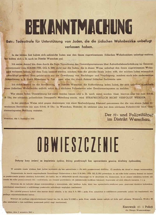 Obwieszczenie dowódcy SS i policji na dystrykt warszawski z 5.09.1942 informujące o karze śmierci grożącej za udzielenie jakiejkolwiek pomocy Żydom