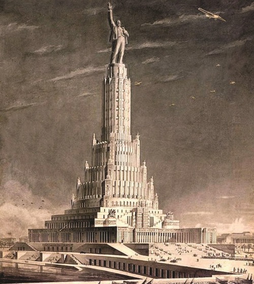 Ilustracja przedstawiająca wysoki budynek zwieńczony statuą Włodzimierza Lenina, gdzie na zbliżonej wysokości przelatuje samolot.