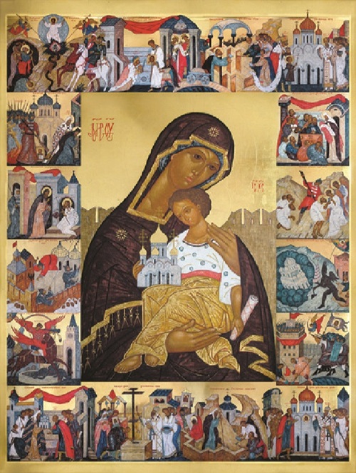 W centralnej części ikony przedstawienie Maryi z Jezusem na ręku. Wzdłuż krawędzi obrazu przedstawione kolejne sceny nawiązujące do tradycji religijnej.