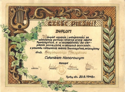 Dyplom dla Mieczysława Krzyżowskiego od chóru „Harmonia”, 1948 r. Fot. ze zbiorów Muzeum Miejskiego w Tychach