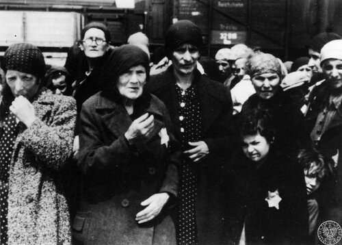 Kobiety z dziećmi z transportu Żydów z Węgier na rampie bocznicy kolejowej w obozie zagłady KL Auschwitz II - Birkenau, maj 1944 r. Fot. z zasobu IPN