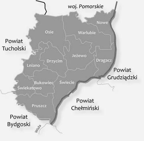 Mapa współczesnego powiatu świeckiego (województwo kujawsko-pomorskie), na terenie którego leży miasteczko Nowe (ze strony csw.pl)