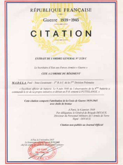 Dyplom nadania Raoulowi Madele Krzyża Wojennego ‒ francuskiego odznaczenia za udział w wojnie francusko-niemieckiej (fot. ze zbiorów Centralnego Biura Archiwów Administracji Wojskowej w Pau)