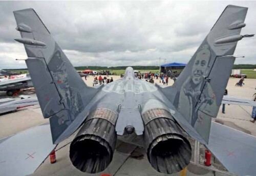 Each and every MiG-29 of the 23rd Air Base in Mińsk Mazowiecki has a three-metres wide Kościuszko Emblem painted on its top, and on the inside of the tail a portrait of a patron of the plane. On MiG-29 no. 59 it is Zdzisław Henneberg, an ace of the 303rd Squadron who got many victories in the Battle of England and then commanded it since February 1941 until his death in April, the same year. (photo: Paweł Bodnaryk)