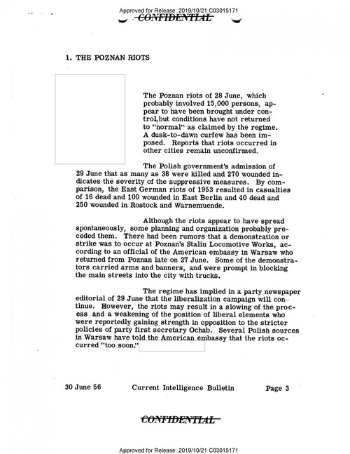 “A dusk-to-dawn curfew has been imposed”. Current Intelligence Bulletin, 30 VI 1956. From the collections of the CIA FOIA Electronic Reading Room