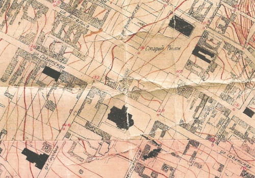 Fragment planu Łomży z 1940 r. z nowo nadanymi przez sowieckiego okupanta nazwami (fot. ze zbiorów łomżyńskiego oddziału Archiwum Państwowego w Białymstoku)