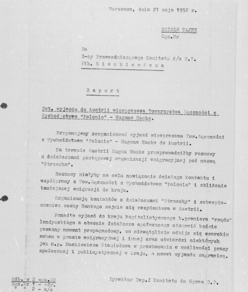 Dokument ukazujący plany wykorzystywania osoby Hugona Hanke przez władze komunistyczne, po jego powrocie do kraju (z zasobów IPN)