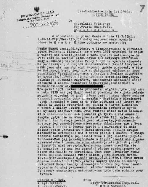 Jeden z dokumentów sporządzonych przez UB, w związku ze zbieraniem informacji na temat Hugona Hanke, jego rodziny i środowiska (z zasobów IPN)