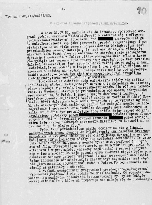 1/2 Informacja sporządzona przez attachat wojskowy w Londynie po wizycie Hugona Hanke, podczas której wyraził gotowość współpracy z komunistyczną bezpieką (z zasobów IPN)