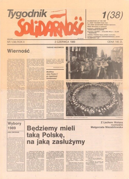 Pierwsza strona ostatniego przed wyborami numeru "Tygodnika Solidarność" z 2 VI 1989 r.