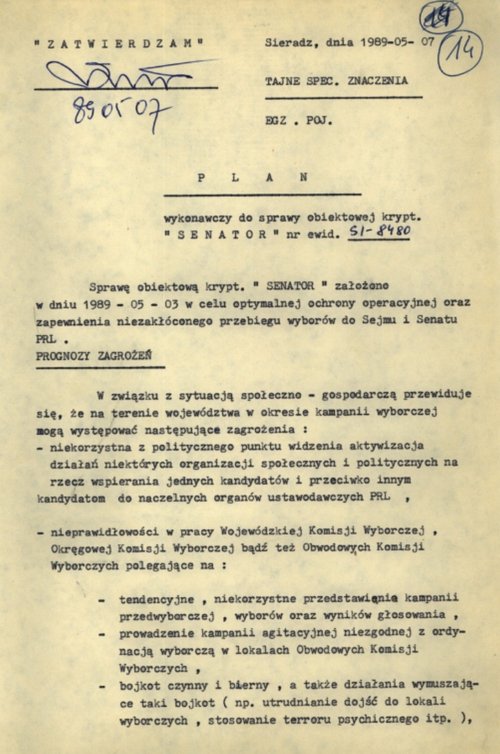 Plan wykonawczy sprawy obiektowej "SENATOR" związanej z wyborami 4 VI 1989 r. w okręgu sieradzkim