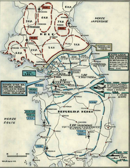 Rozmieszczenie sił zbrojnych Korei Północnej, Korei Południowej i wojsk amerykańskich na półwyspie koreańskim wg stanu z połowy 1987 r. (źródło: IPN)