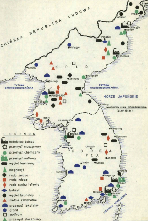 Rozmieszczenie surowców strategicznych i głównych ośrodków przemysłowych na półwyspie koreańskim (źródło: IPN)