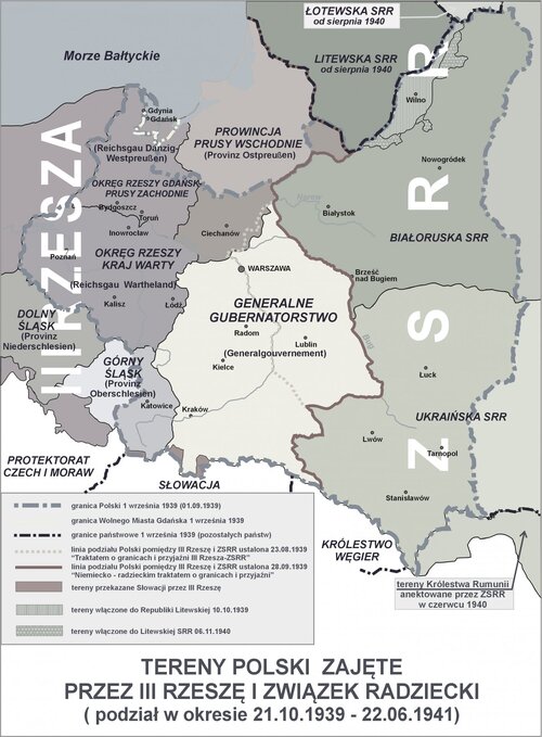 Tereny Polski zajęte przez III Rzeszę i ZSRR (źródło: Wikipedia)