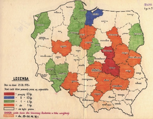Sporządzona przez Ministerstwo Spraw Wewnętrznych PRL mapa ilustrująca skalę protestów w dniu 25 czerwca 1976 r.