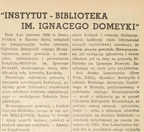 Wycinek z „Kuriera Polskiego” z 2 VI 1960 r. informujący o inauguracyjnym zebraniu członków założycieli Biblioteki (ze zbiorów Biblioteki Narodowej w Warszawie)