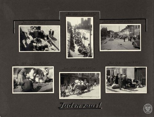 Strona albumu SS-Oberscharführera Hermanna Baltruschata ze zdjęciami pokazującymi wysiedlanie kutnowskich Żydów do getta 16 czerwca 1940 r. Na karcie napis: „Żydzi precz!”. Fot. z zasobu IPN