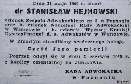 Wycinek z prasy z nekrologiem zamówionym przez poznańską Radę Adwokacką. Z zasobu IPN