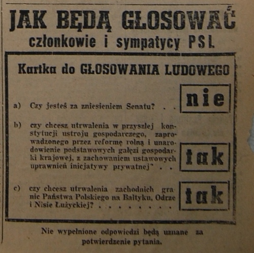 Informacja na temat głosowania przekazana członkom PSL. „Gazeta Ludowa”, 29 VI 1946