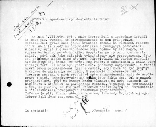 Obraz dokumentu - donosu przygotowanego dla komunistycznej bezpieki przez agenta relacjonującego informacje o stosunku pracowników ambasady brytyjskiej w Polsce pojałtańskiej do tzw. cudu lubelskiego w 1949 r.