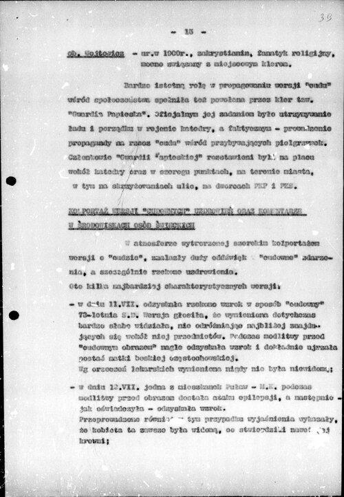 Obraz dokumentu sporządzonego przez komunistyczną bezpiekę, w którym znajduje się ocena kościelnego Wójtowicza i wytłumaczenie przez komunistów „rzekomych uzdrowień”.