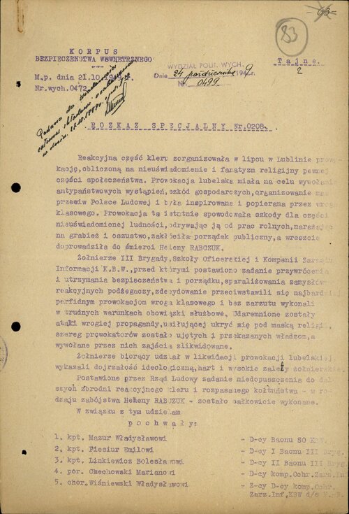Obraz dokumentu - pierwsza strona „Rozkazu specjalnego Nr. 0208” dowództwa Korpusu Bezpieczeństwa Wewnętrznego, w którym znajduje się komunistyczne wyjaśnienie, czemu służył „cud lubelski” i pochwała żołnierzy Korpusu Bezpieczeństwa Wewnętrznego za udział w zlikwidowaniu tej „prowokacji”.
