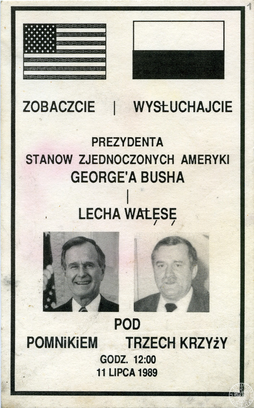 Ulotka/zaproszenie na spotkanie z prezydentem USA Georgem Bushem i przewodniczącym NSZZ „Solidarność” Lechem Wałęsą w dniu 11 lipca 1989 r. w Gdańsku pod Pomnikiem Poległych Stoczniowców. (fotografia ze zbiorów IPN, sygn. IPNGD-7-2-9-1)