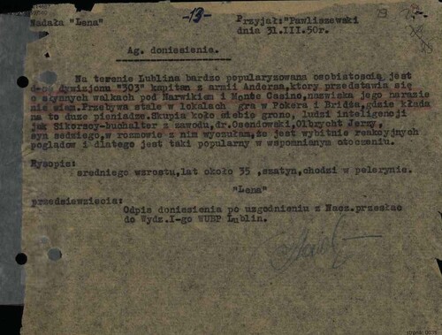 Jeden z donosów dotyczących Witolda Łokuciewskiego. Z zasobu IPN
