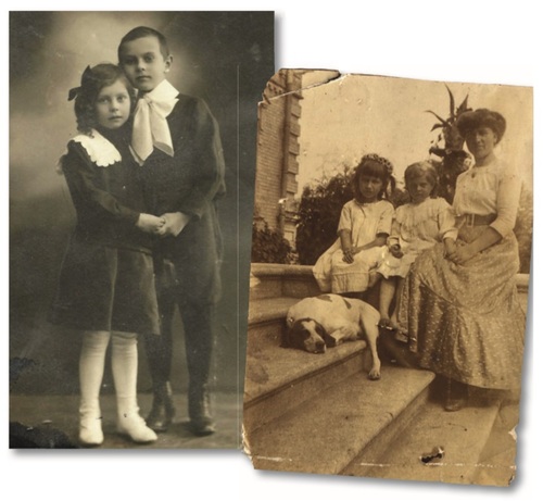Jan Makarewicz z siostrą Ireną. Jałta, 1916 r.; poniżej: Irena (w środku) z nauczycielką - boną przed domem w Lipowcu
