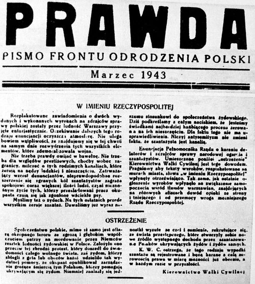 Pismo Frontu Odrodzenia Polski z marca 1943 zapowiadające sankcje za szmalcownictwo