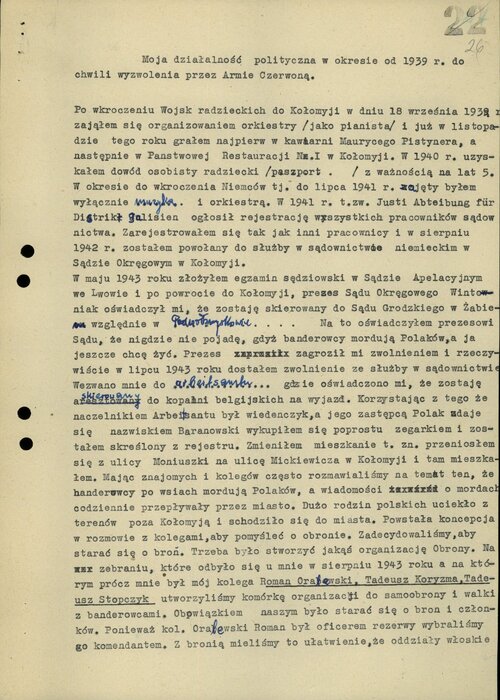 Z "papierów" ubecji: <i>Moja działalność polityczna</i>..., Rudolf Hotzi o sobie podczas II wojny (s. 1 dokumentu). Z zasobu IPN