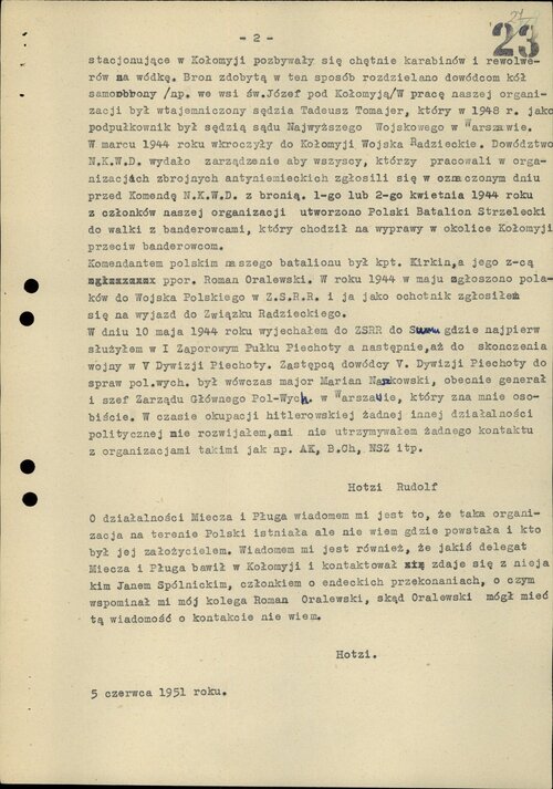 Druga strona dokumentu <i>Moja działalność polityczna</i>..., w którym Rudolf Hotzi w 1951 r. "opowiadał" UB o sobie. Z zasobu IPN