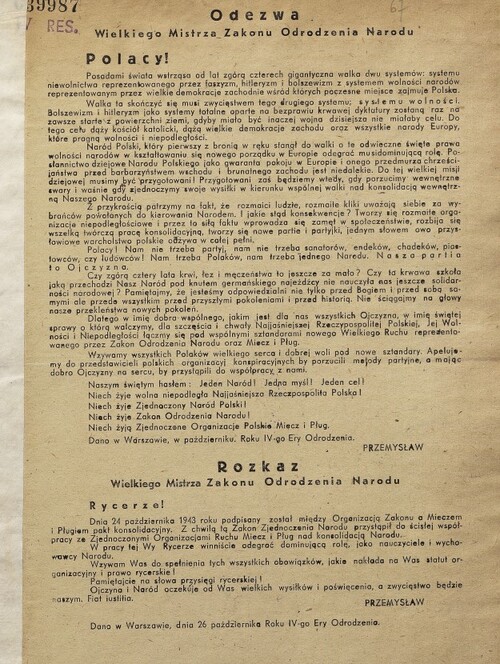 <i>Odezwa</i> i <i>Rozkaz</i> <i>Wielkiego Mistrza Zakonu Odrodzenia Narodu</i>, podpisane: <i>PRZEMYSŁAW</i>. Dokument z października 1943 r. (<i>Roku IV-go Ery Odrodzenia</i>). Ze zbiorów "Jagiellońskiej Biblioteki Cyfrowej" - Biblioteki Jagiellońskiej Uniwersytetu Jagiellońskiego