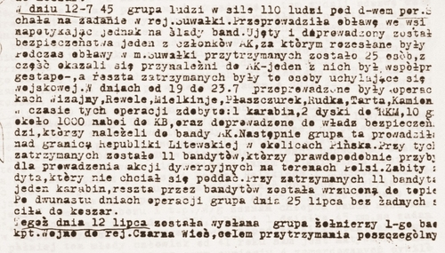 Obraz dokumentu - fragmentu „Dziennika działań” Pierwszego Praskiego Pułku Piechoty (lipiec 1945).