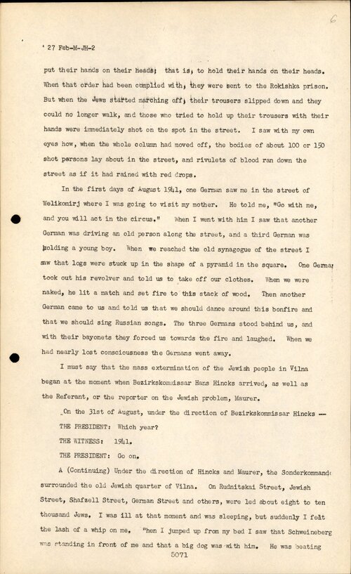 Z zeznań Abrahama Suckewera przed MTW w Norymberdze, 27 lutego 1946. Z zasobu IPN