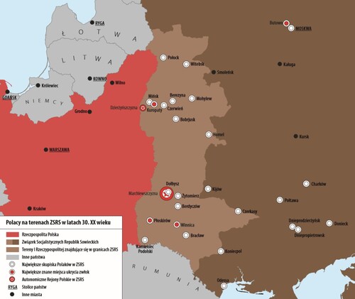 Mapa z wystawy elementarnej „»Operacja polska« NKWD 1937–1938”, przygotowanej przez Archiwum Instytutu Pamięci Narodowej w Warszawie (opracowanie map wystawy: Tomasz Ginter)