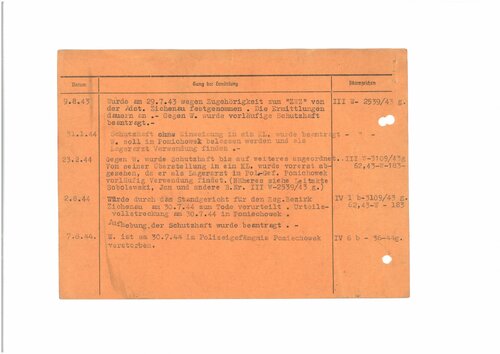 Karta z kartoteki placówki gestapo w Ciechanowie-Płocku dr Józefa Witwickiego. Adnotacje na karcie potwierdzają wykonanie wyroku śmierci 30 lipca 1944 r. Fot. AIPN