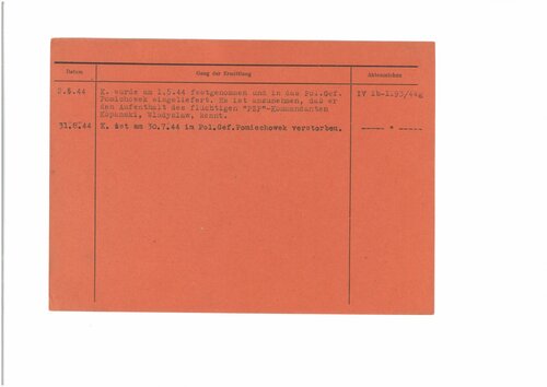 Karta z kartoteki placówki gestapo w Ciechanowie-Płocku Piotra Kopańskiego. Na karcie odnotowano datę śmierci, 30 lipca 1944 r. Fot. AIPN