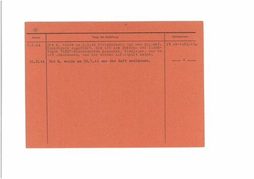 Karta z kartoteki placówki gestapo w Ciechanowie-Płocku Janiny Kopańskiej. Na karcie odnotowano datę zwolnienia z więzienia 30 lipca 1944 r. Fot. AIPN