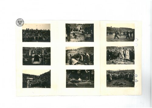 Pamiątkowy albumik wydany w związku z ekshumacjami przeprowadzonym w Forcie III w Pomiechówku w kwietniu 1945 r. Zamieszczono w nim zdjęcia z prac ekshumacyjnych oraz uroczystej Mszy św. odprawionej w intencji ofiar. Fot. AIPN