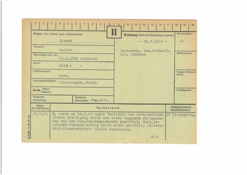 Karta z kartoteki placówki gestapo w Ciechanowie-Płocku Wacława Cioska. Adnotacja na odwrocie karty potwierdza wykonanie wyroku śmierci 30 lipca 1944 r. Fot. AIPN