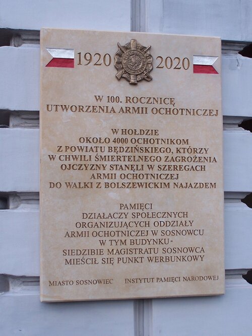 Jedna z tablic IPN upamiętniających 100. rocznicę powstania Armii Ochotniczej walczącej z bolszewikami w 1920 r. – Sosnowiec, 18 lipca 2020
