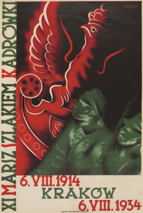 Plakat, na którym dominujący jest wizerunek legionowego orła w koronie; pod nim dwie postaci żołnierzy. Z lewej strony przebiegają słowa: „XI MARSZ SZLAKIEM KADRÓWKI”, a pod spodem: „6.VIII.1914 KRAKÓW 6.VIII.1934”